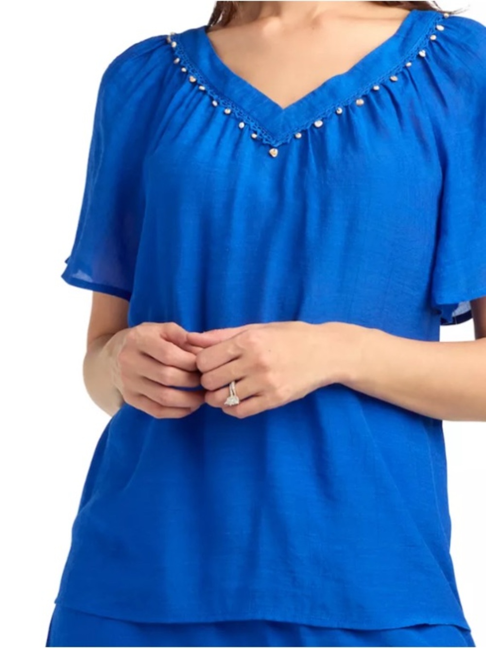 AB Studio Royal Blue V-Neck Beaded Short Sleeve Top